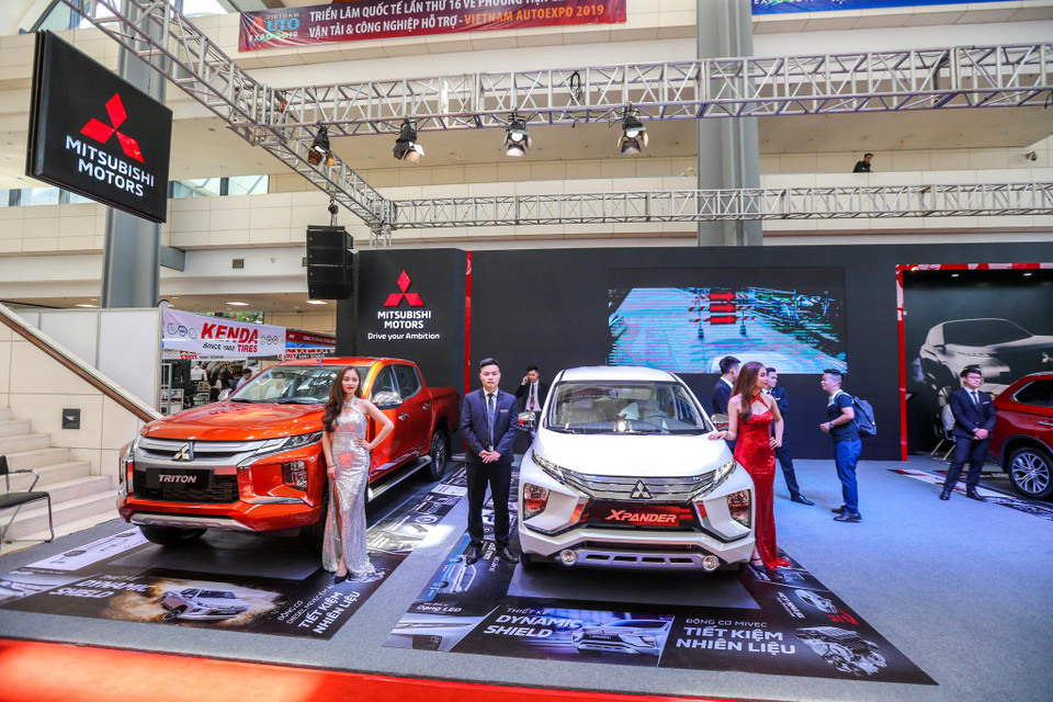 Thương hiệu Mitsubishi Motors Vietnam mang đến AutoExpo 2019, 4 mẫu xe quen thuộc là Pajero Sport, Outlander, Xpander và Triton. (Ảnh: Minh Sơn/Vietnam+)