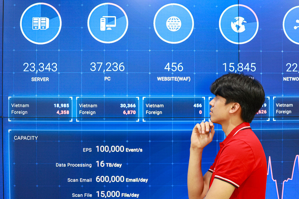 Trong năm 2023, có tới 13.900 vụ tấn công an ninh mạng vào các hệ thống tại Việt Nam, tăng 9,5% so với năm 2022. Bên cạnh đó, tình trạng lộ lọt dữ liệu cá nhân ở mức báo động, kéo theo hàng loạt hình thức lừa đảo trực tuyến liên tục xảy ra... Mỗi khi gặp một cuộc tấn công mạng, các kỹ sự an ninh mạng tại Trung tâm luôn phải tập trung, căng thẳng đối phó. (Ảnh: Minh Sơn/Vietnam+)