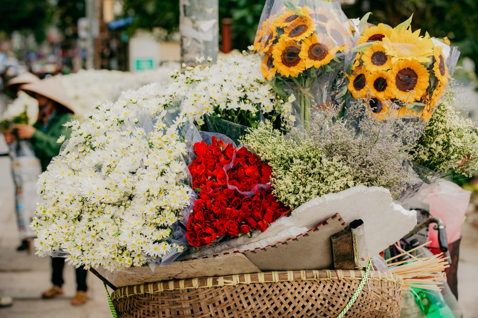 Cúc họa mi được người bán rong xếp cùng những loài hoa khác tạo thành một bức tranh đa sắc màu tuyệt đẹp. (Ảnh: PV/Vietnam+)