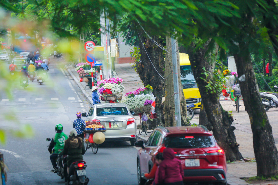 Du khách có thể thảnh thơi ngắm nhìn những gánh hàng hoa dọc đường Thuỵ Khuê đẹp mê hồn. (Ảnh: Minh Sơn/Vietnam+)