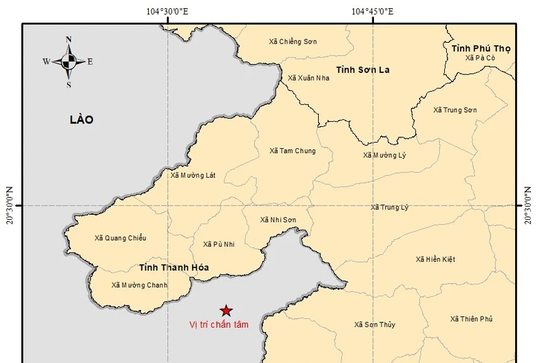 Động đất xảy ra tại khu vực tỉnh Houaphan (Lào) - cách biên giới Việt Nam ở tỉnh Thanh Hóa khoảng 5km. (Nguồn: Viện Các khoa học Trái đất)