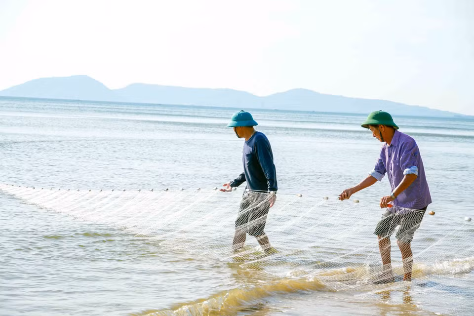 Không khí lao động sôi động trên bãi biển Hải Ninh mỗi buổi sáng sớm. (Ảnh: Hữu Quyết/TTXVN)
