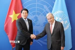Chủ tịch nước Lương Cường gặp Tổng Thư ký Liên hợp quốc Antonio Guterres. (Ảnh: Lâm Khánh/TTXVN)
