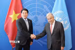 Chủ tịch nước Lương Cường gặp Tổng Thư ký Liên hợp quốc Antonio Guterres. (Ảnh: Lâm Khánh/TTXVN)