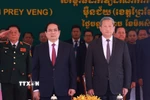 Thủ tướng Phạm Minh Chính và Thủ tướng Campuchia Hun Manet dự Lễ khai trương Cặp cửa khẩu quốc tế Tân Nam- Meun Chey. (Ảnh: Dương Giang/TTXVN)