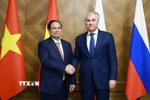 Thủ tướng Phạm Minh Chính hội kiến Chủ tịch Duma Quốc gia Liên bang Nga Vyacheslav Volodin. (Ảnh: Dương Giang/TTXVN)