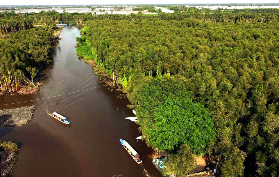 Một góc khu du lịch làng nổi Tân Lập nhìn từ trên cao. (Ảnh: An Hiếu/TTXVN)