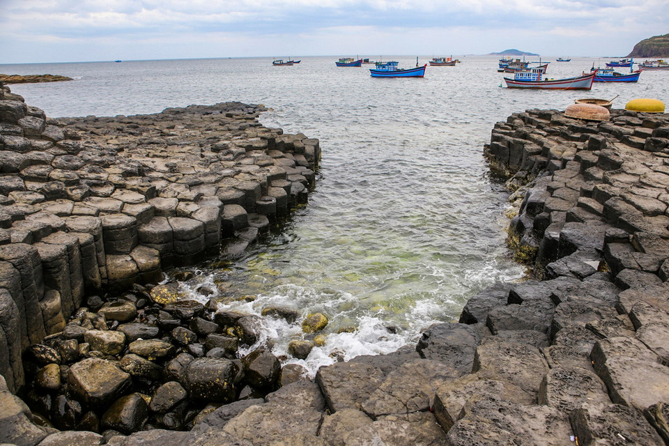 Theo các nhà nghiên cứu, Gành Đá Đĩa được hình thành khi núi lửa phun trào dung nham xuống biển, gặp phải nước biển lạnh đông cứng lại, cùng sự tác động của địa chất nên khối nham thạch bị rạn nứt đa chiều tạo nên cảnh quan kỳ thú. (Nguồn: TTXVN)