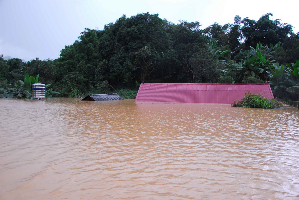 Nhà cửa, phần lớn tài sản, diện tích hoa màu, chuồng trại chăn nuôi, ao cá bị ngập trong nước lũ. (Ảnh: Xuân Tư/TTXVN)