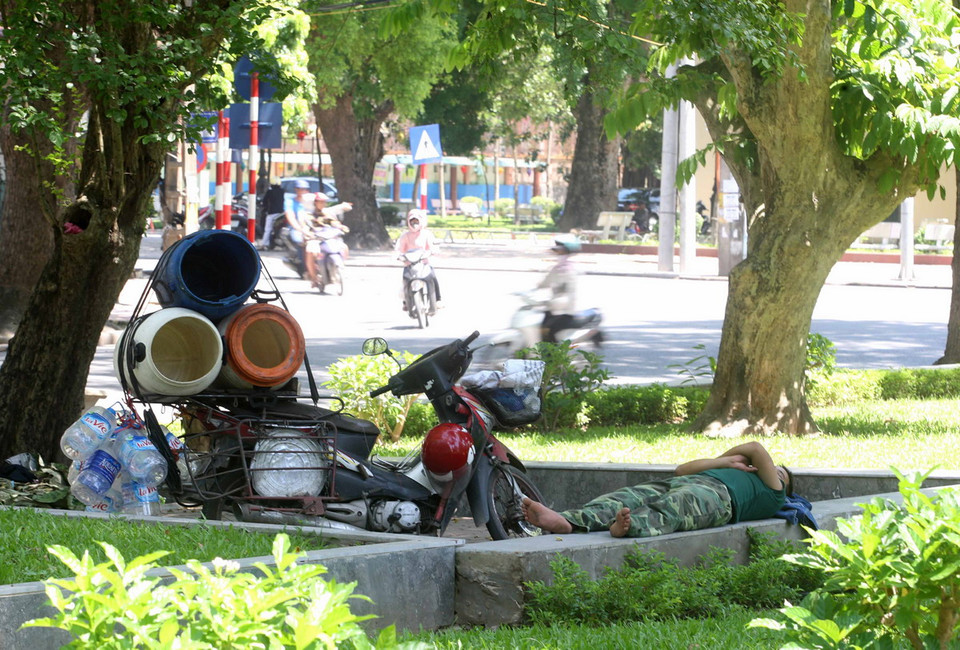 Tranh thủ nghỉ ngơi dưới bóng cây trong công viên khi nhiệt độ ngoài trời quá nóng. (Ảnh: Minh Quyết/Vietnam+)