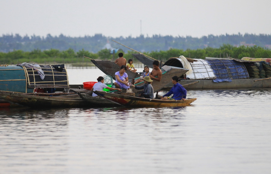  Nhộn nhịp cuộc sống trên đầm Quảng Lợi lúc bình minh. (Ảnh: Hồ Cầu/TTXVN)