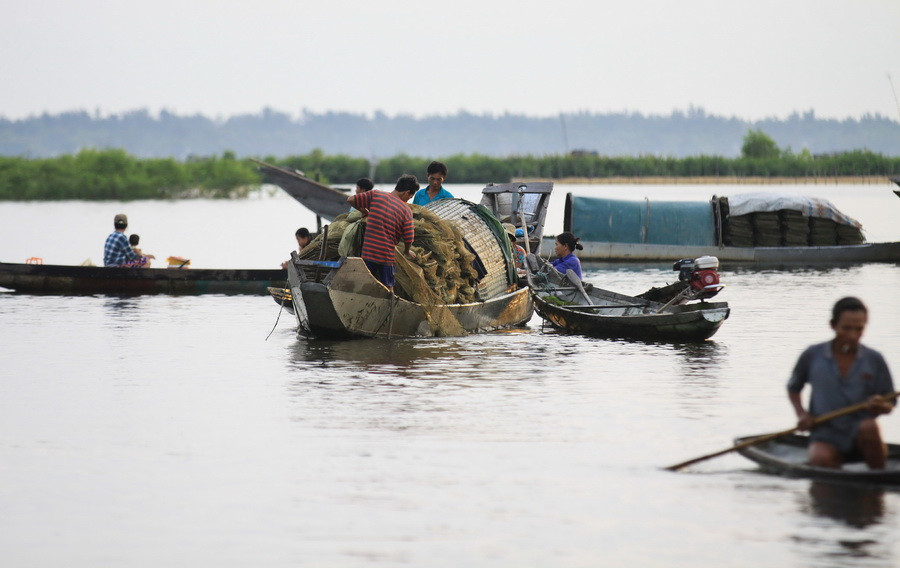 Nhộn nhịp cuộc sống trên đầm Quảng Lợi lúc bình minh. (Ảnh: Hồ Cầu/TTXVN)