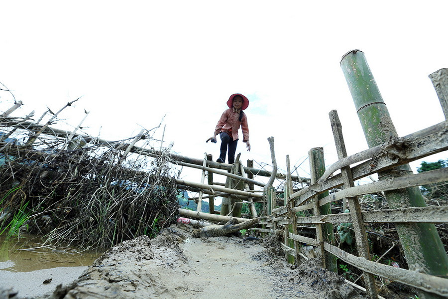 Em Lò Thị Thao (12 tuổi) hàng ngày vẫn phải đi qua con suối bằng bè mảng để giúp bố mẹ chăn gia súc. (Ảnh: Phan Tuấn Anh/TTXVN)