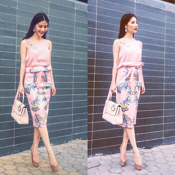 Gắn liền với phong cách thanh lịch, nhẹ nhàng, Diễm My 9X một lần nữa làm say lòng các tín đồ thời trang bằng bộ cánh gam màu hồng ngọt ngào. Mỹ nhân màn ảnh Việt kết hợp khéo léo phụ kiện túi xách cùng tông và giày cao gót màu nude, làm tăng vẻ nhã nhặn.