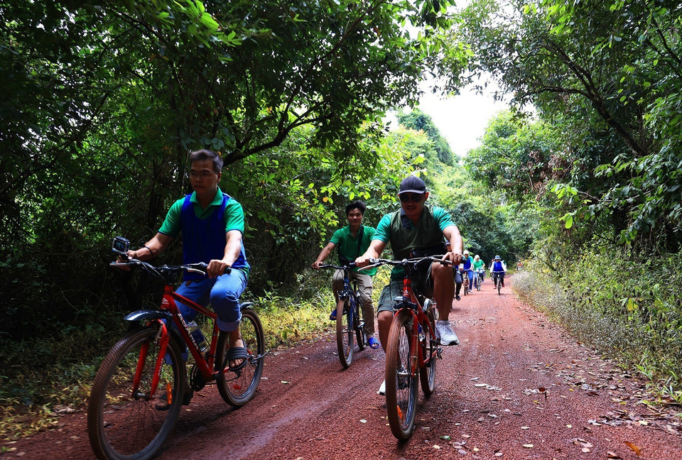 Du khách khám phá rừng nhiệt đới Mã Đà bằng xe đạp. (Ảnh: Hồng Đạt/TTXVN)