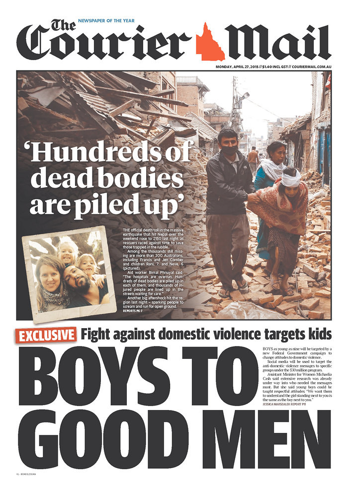 Tính đến tối thứ Hai, 27/4, số người chết do động đất ở Nepal đã tăng lên trên 4.000 người. Trang nhất The Courier-Mail, Australia.