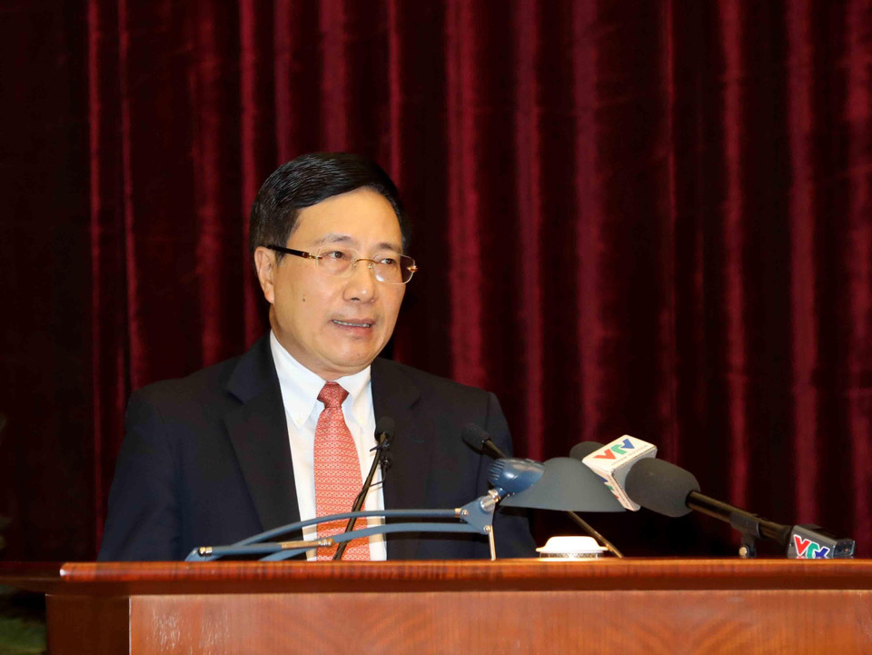 Ông Phạm Bình Minh, Ủy viên Bộ Chính trị, Phó Thủ tướng Chính phủ, Bộ trưởng Bộ Ngoại giao phát biểu. (Ảnh: Phương Hoa/TTXVN)