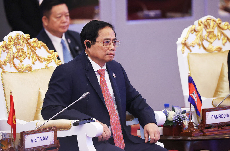 Thủ tướng Phạm Minh Chính tại buổi đối thoại của lãnh đạo các nước ASEAN với đại diện Đại hội đồng Liên nghị viện ASEAN. (Ảnh: Dương Giang/TTXVN)