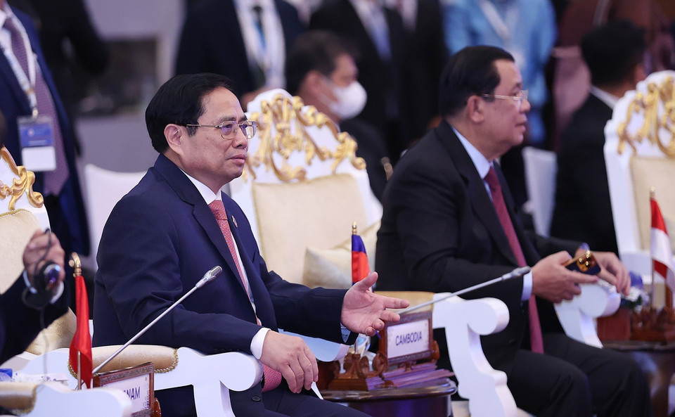Thủ tướng Phạm Minh Chính tham dự tiếp xúc chung giữa các nhà lãnh đạo ASEAN với Hội đồng tư vấn kinh doanh ASEAN (ABAC). (Ảnh: Dương Giang/TTXVN)