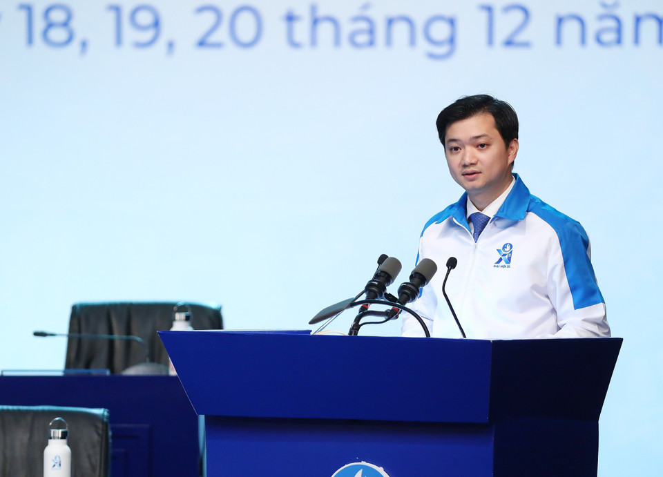 Bí thư Trung ương Đoàn, Chủ tịch Hội Sinh viên Việt Nam Nguyễn Minh Triết phát biểu. (Ảnh: Minh Đức/TTXVN)