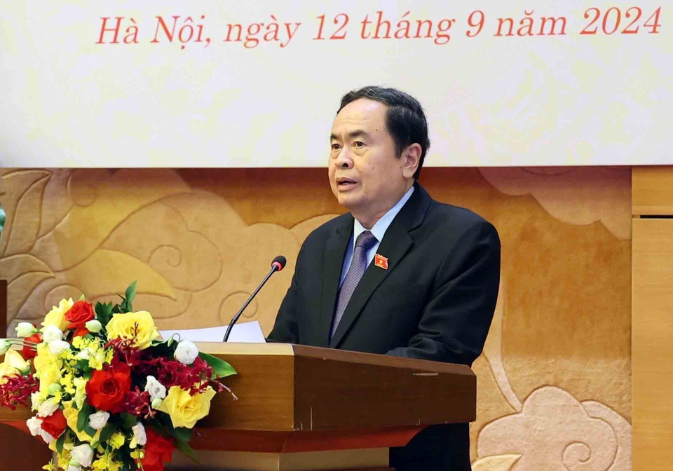 Đồng chí Trần Thanh Mẫn, Ủy viên Bộ Chính trị, Bí thư Đảng đoàn Quốc hội, Chủ tịch Quốc hội phát biểu. (Ảnh: Thống Nhất/TTXVN)