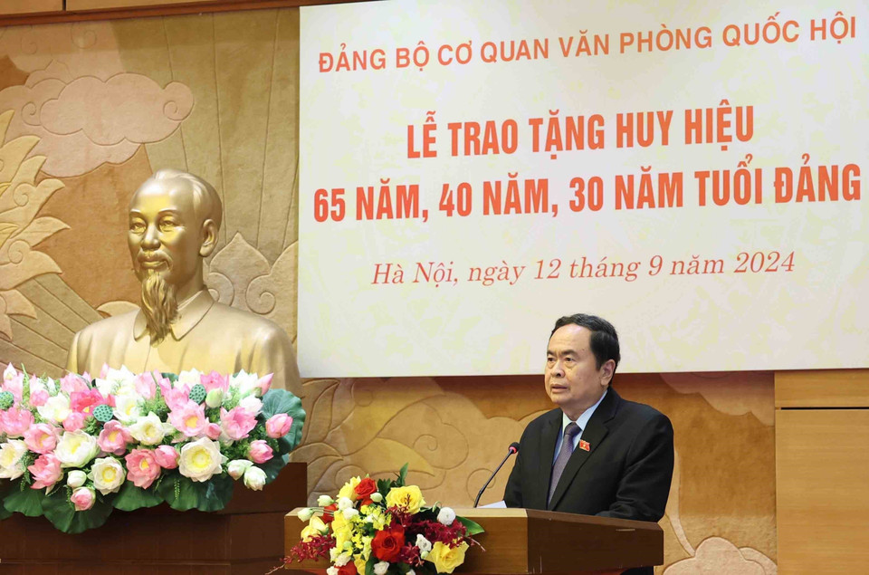 Đồng chí Trần Thanh Mẫn, Ủy viên Bộ Chính trị, Bí thư Đảng đoàn Quốc hội, Chủ tịch Quốc hội phát biểu. (Ảnh: Thống Nhất/TTXVN)