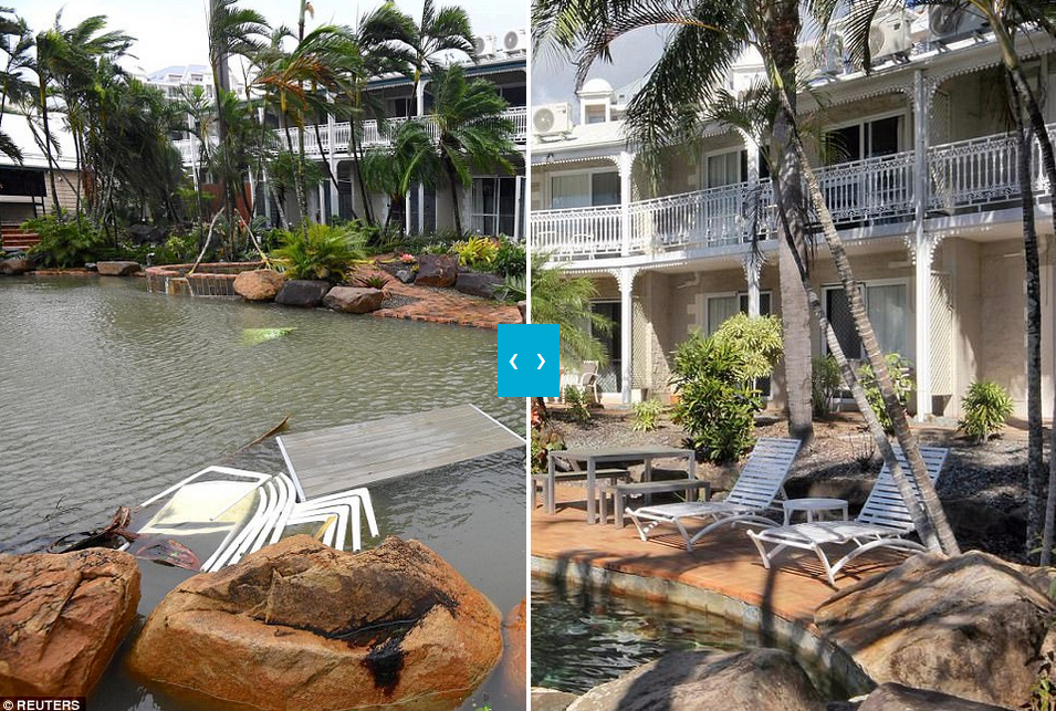 Đồ đạc bị thổi bay xuống bể bơi. (Nguồn: Dailymail)