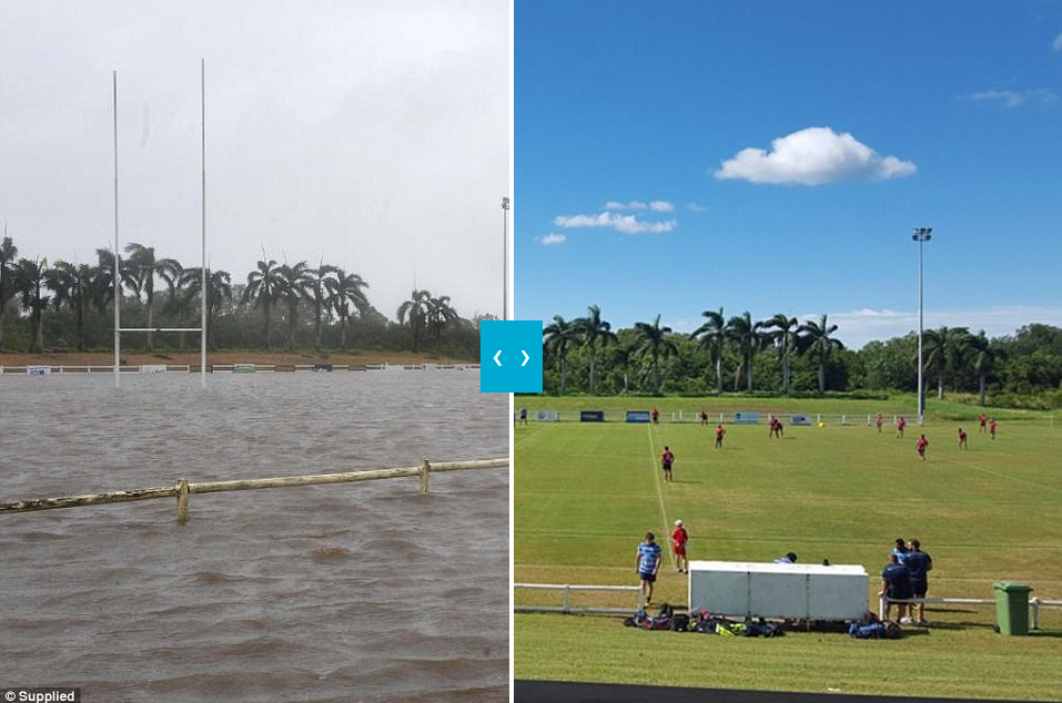 Sân bóng hoàn toàn chìm trong biển nước. (Nguồn: Dailymail)
