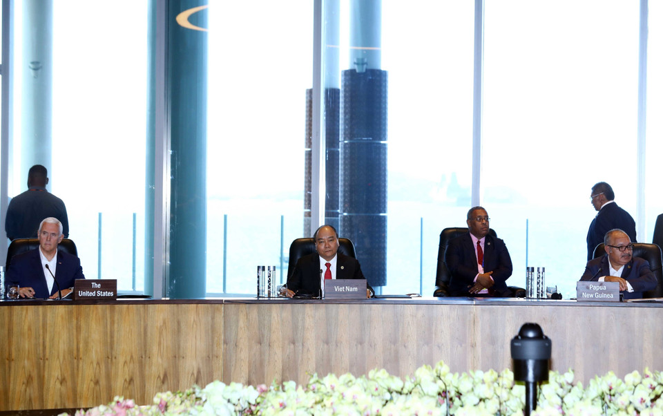 Trong chương trình Tuần lễ Cấp cao APEC 26, sáng 18/11 (theo giờ địa phương), tại Papua New Guinea, Thủ tướng Nguyễn Xuân Phúc dự đối thoại giữa các nhà Lãnh đạo APEC với IMF. (Ảnh: Thống Nhất/TTXVN)