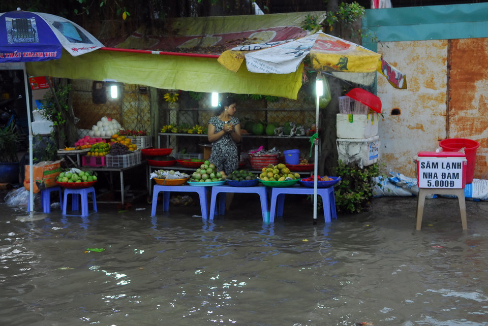 Tuyến đường Lê Văn Lương (huyện Nhà Bè) dài khoảng 5km chìm sâu trong biển nước, có chỗ ngập gần 1m. (Ảnh: Mạnh Linh/TTXVN) 