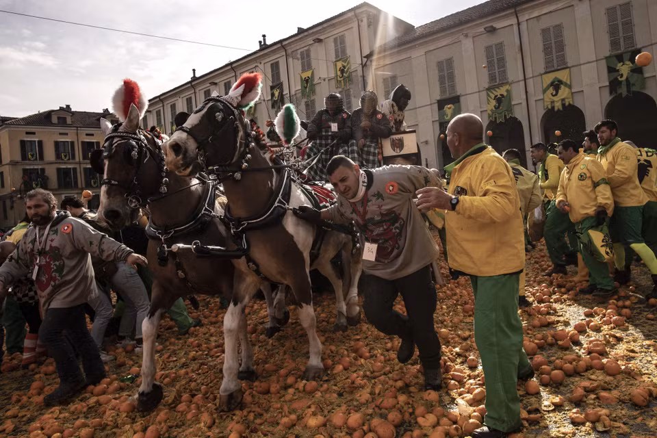 Lễ hội mang tên Trận chiến với những trái cam (Battle of the oranges) được tổ chức ở thị trấn Ivrea, gần thành phố Turin, Italy. (Nguồn: AFP/TTXVN)