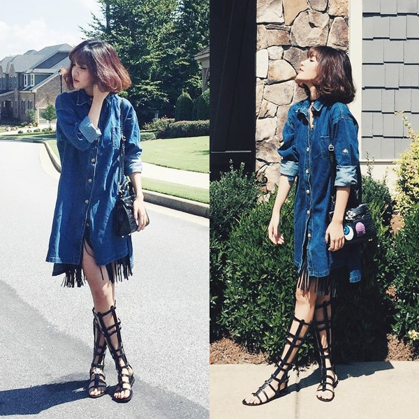 Bùi Bích Phương 'phiêu' giữa đường phố Mỹ khi lưu diễn tại đây. Cô nàng khiến fan ngất ngây khi khoe ảnh diện sơmi denim dáng dài phối 'layer' cùng đầm tua rua và đôi sandals chiến binh (gladiator sandals) cực 'chất.'