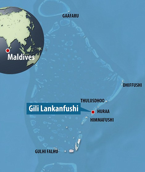 Khách sạn cao cấp Gili Lankanfushi (tên cũ là Soneva Gili) tọa lạc trên một hòn đảo nhỏ giữa đầm, xung quanh là các rặng san hô, chỉ cách sân bay quốc tế ở Malé 20 phút đi thuyền. (nguồn: dailymail)