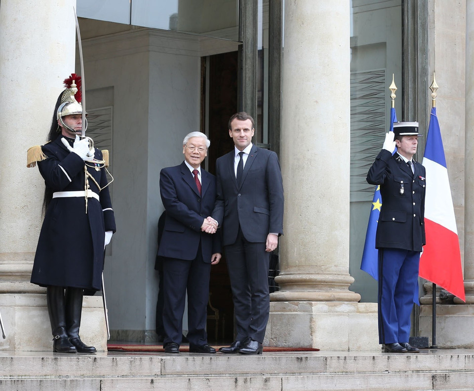 Chiều 27/3/2018, tại Phủ Tổng thống (Điện Élysée) ở thủ đô Paris, Tổng Bí thư Nguyễn Phú Trọng hội đàm với Tổng thống Cộng hòa Pháp Emmanuel Macron. (Ảnh: Trí Dũng/TTXVN)