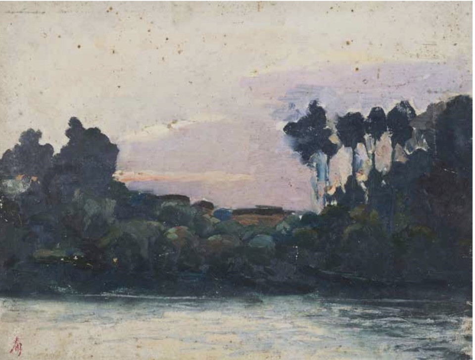 Bức tranh "Mặt hồ khi chạng vạng" của Vua Hàm Nghi là một trong những bức được bán với giá cao. (Ảnh: Nguyễn Thu Hà/TTXVN)