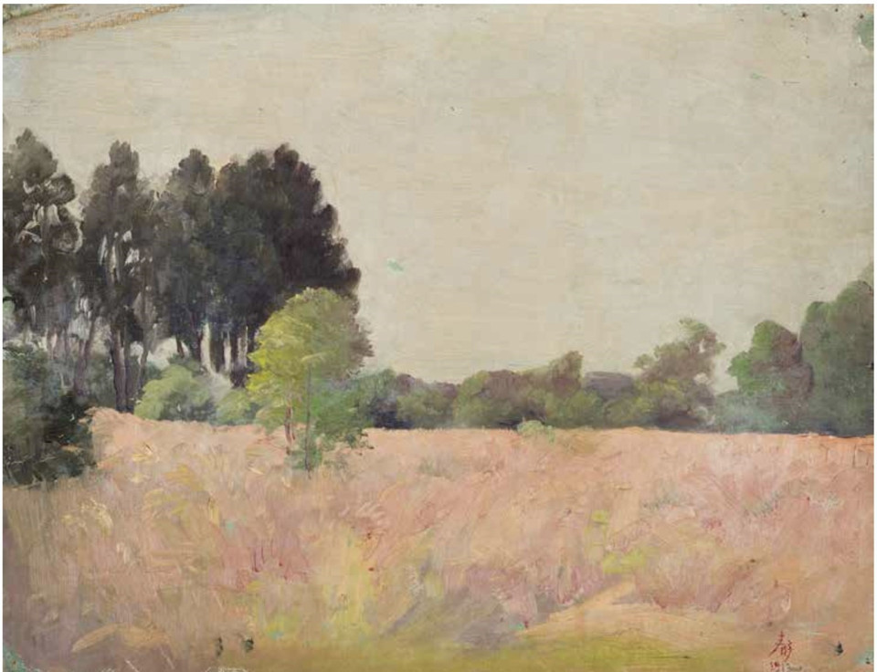 Bức tranh "Cánh đồng lúa mỳ" của Vua Hàm Nghi là một trong những bức được mua với giá 32.000 Euro. (Ảnh: Nguyễn Thu Hà/TTXVN)