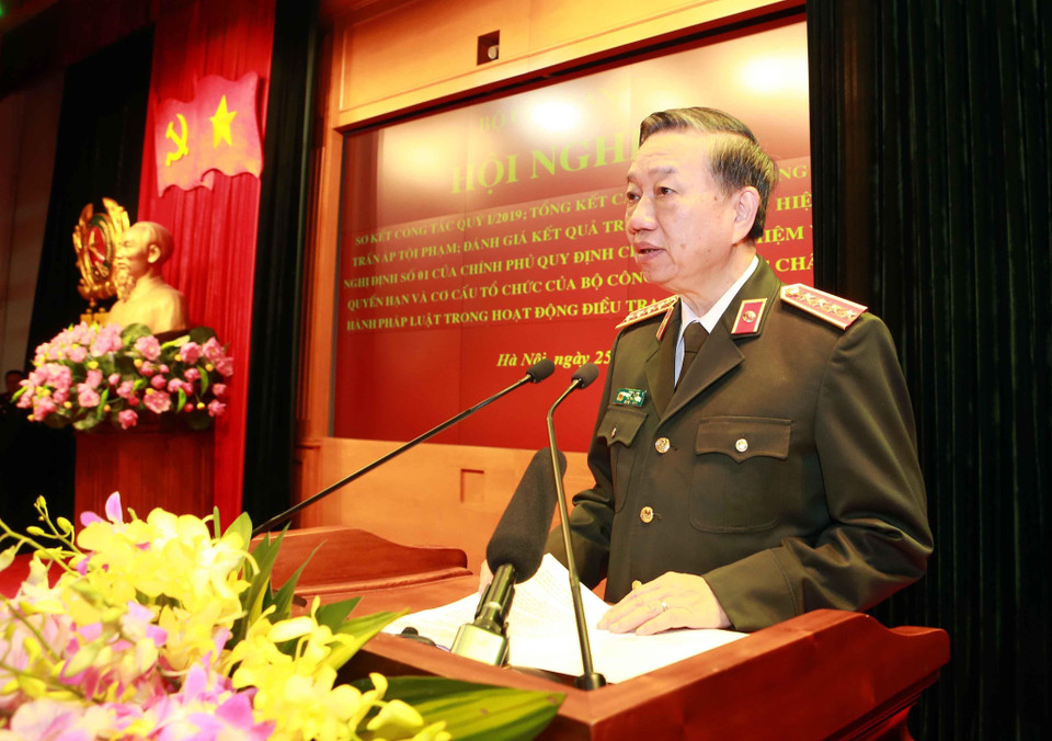 Đại tướng Tô Lâm, Ủy viên Bộ Chính trị, Bộ trưởng Bộ Công an phát biểu. (Ảnh: Doãn Tấn/TTXVN)