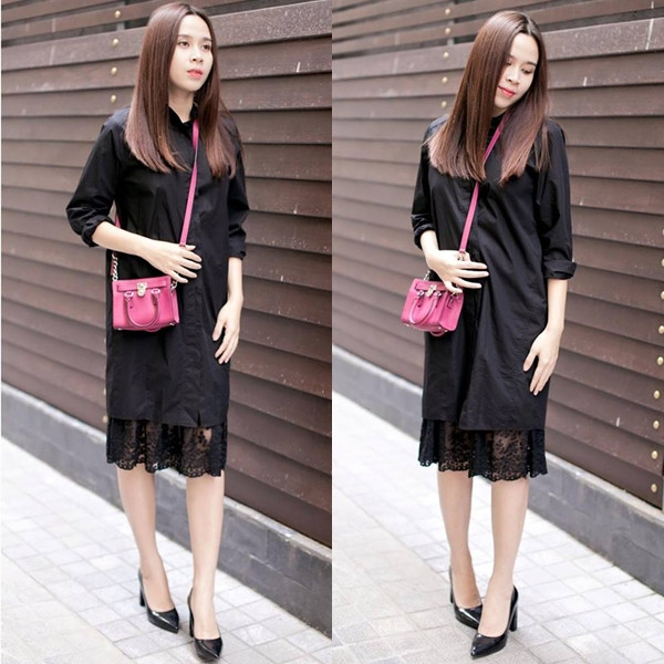 Lưu Hương Giang cũng ưu ái đầm sơmi cho một buổi dạo phố đầu đông. Cô diện thiết kế đầm phối ren đen, kết hợp cùng giày cao gót cổ điển, tô đậm vẻ điệu đà. Nét chấm phá hoàn hảo giúp bộ cánh của giám khảo 'Giọng hát Việt nhí' thêm tươi tắn là túi đeo nhỏ màu hồng xinh xắn.