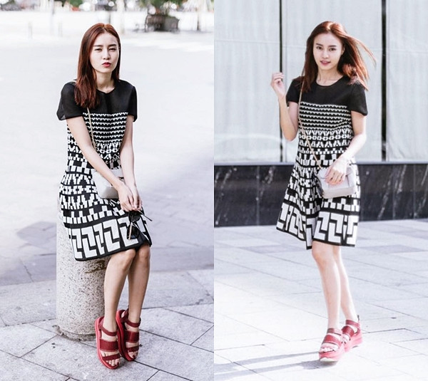 Với đặc trưng thời tiết không có mùa lạnh của miền Nam, Ninh Dương Lan Ngọc tự tin diện đầm ngắn tay và sandals thoải mái xuống phố ngày nắng đẹp. 