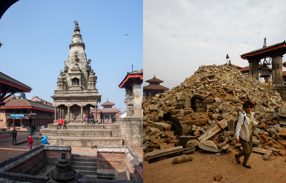 Ngôi đền Vatsala Durga trước và sau trận động đất. (Nguồn: AP)