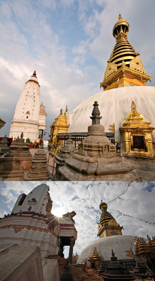 Swayambhunath Stupa, được xây dựng vào thế kỷ thứ 5 và được công nhận là di sản văn hóa thế giới, trước và sau trận động đất. (Nguồn: AP)