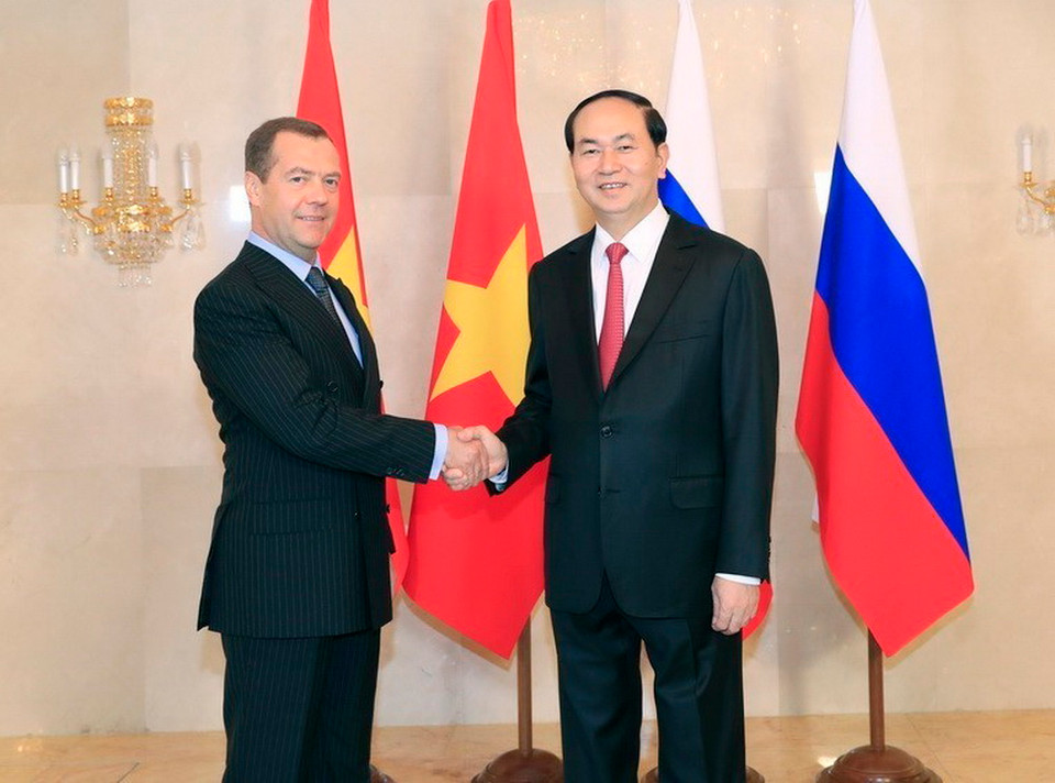 Chủ tịch nước Trần Đại Quang hội kiến Thủ tướng Chính phủ Liên bang Nga Dmitry Medvedev, sáng 29/6/2017, tại thủ đô Moskva, Liên bang Nga. (Ảnh: Nhan Sáng/TTXVN)