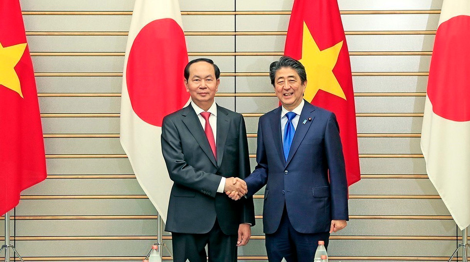 Chủ tịch nước Trần Đại Quang hội đàm Thủ tướng Nhật Bản Shinzo Abe, ngày 31/5/2018, tại thủ đô Tokyo, Nhật Bản. (Ảnh: Nhan Sáng/TTXVN)