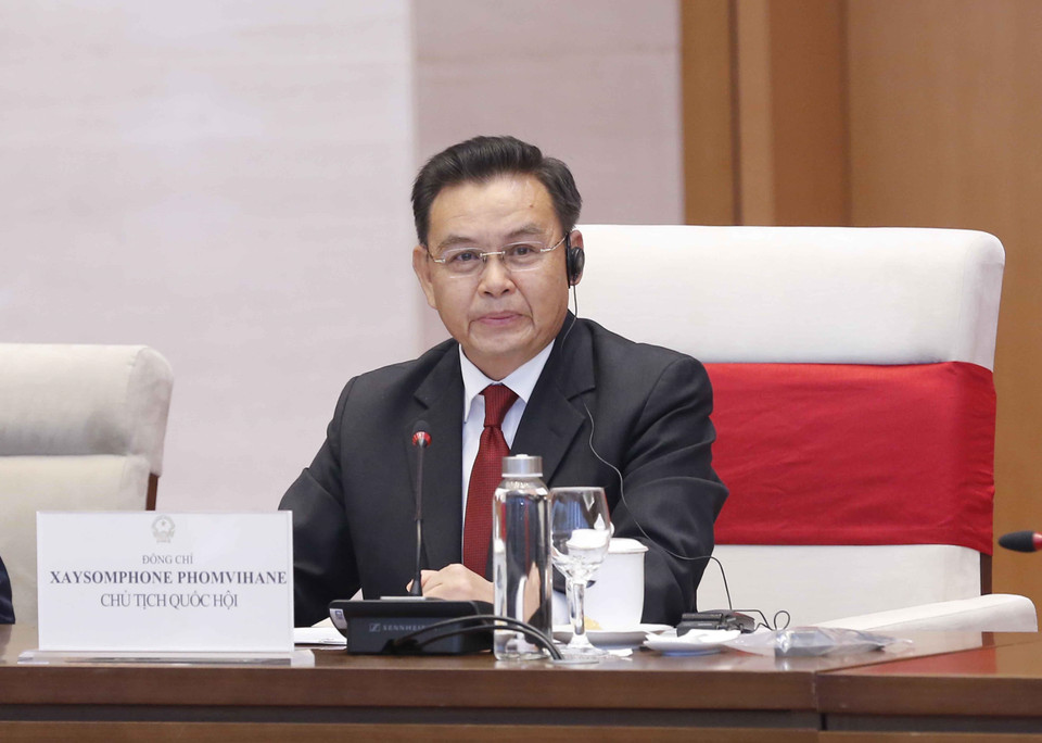 Chủ tịch Quốc hội nước Cộng hòa Dân chủ Nhân dân Lào Xaysomphone Phomvihane phát biểu tại buổi hội đàm. (Ảnh: Doãn Tấn/TTXVN)