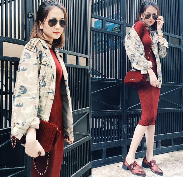 Diện đầm ôm gam màu huyết dụ, Thiều Bảo Trang khéo léo kết hợp giày và túi đồng bộ. Cô nàng không quên chấm phá ấn tượng bằng áo khoác rằn ri khỏe khoắn, bụi bặm.