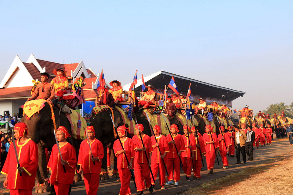 Đây là lễ hội nhằm thu hút khách du lịch, thể hiện sự biết ơn của con người với loài voi, nhưng quan trọng hơn là nhằm khuyến khích việc bảo tồn, gìn giữ loài voi, loài vật hiền hòa gắn liền với đời sống sinh hoạt của người dân Lào trong hàng trăm năm qua. Đoàn voi chiến đang diễu hành tại lễ hội. (Ảnh: Phạm Kiên/Vietnam+)