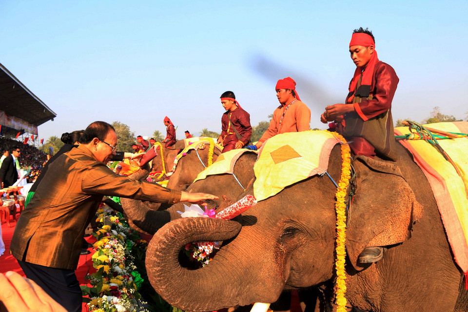 Các chú voi đang tặng hoa cho quan khách tham dự lễ hội. (Ảnh: Phạm Kiên/Vietnam+)