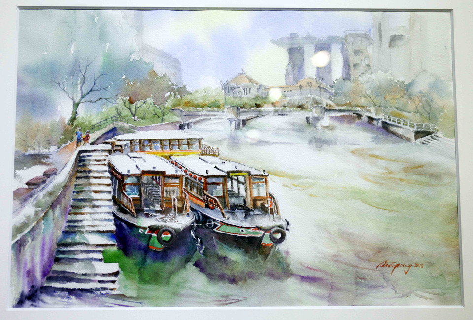 Tác phẩm: ‘Du ngoạn trên sông Singapore’ của nghệ sĩ Tan Sooi Peng. (Ảnh: Doãn Đức/Vietnam+)