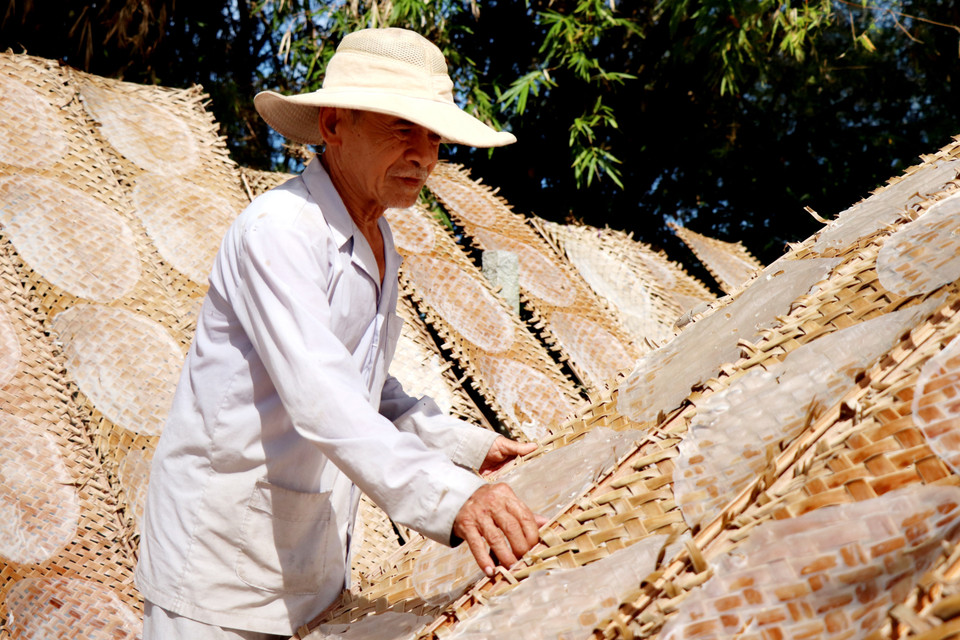 Mặc dù thu nhập mỗi lao động trung bình chỉ từ 100.000-120.000 đồng/ngày nhưng hầu hết các hộ làm bánh tráng từ xưa giờ không ai có ý định bỏ nghề bởi nhà nào cũng muốn giữ nghề truyền thống của ông bà truyền lại. (Ảnh: Thu Hiền/TTXVN)