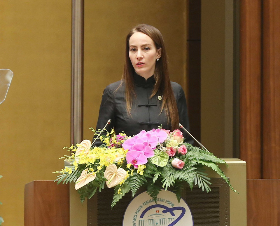 Bà Gabriela Cuevas Barron, Chủ tịch Liên minh Nghị viện Thế giới (IPU) phát biểu. (Ảnh: Doãn Tấn/TTXVN)